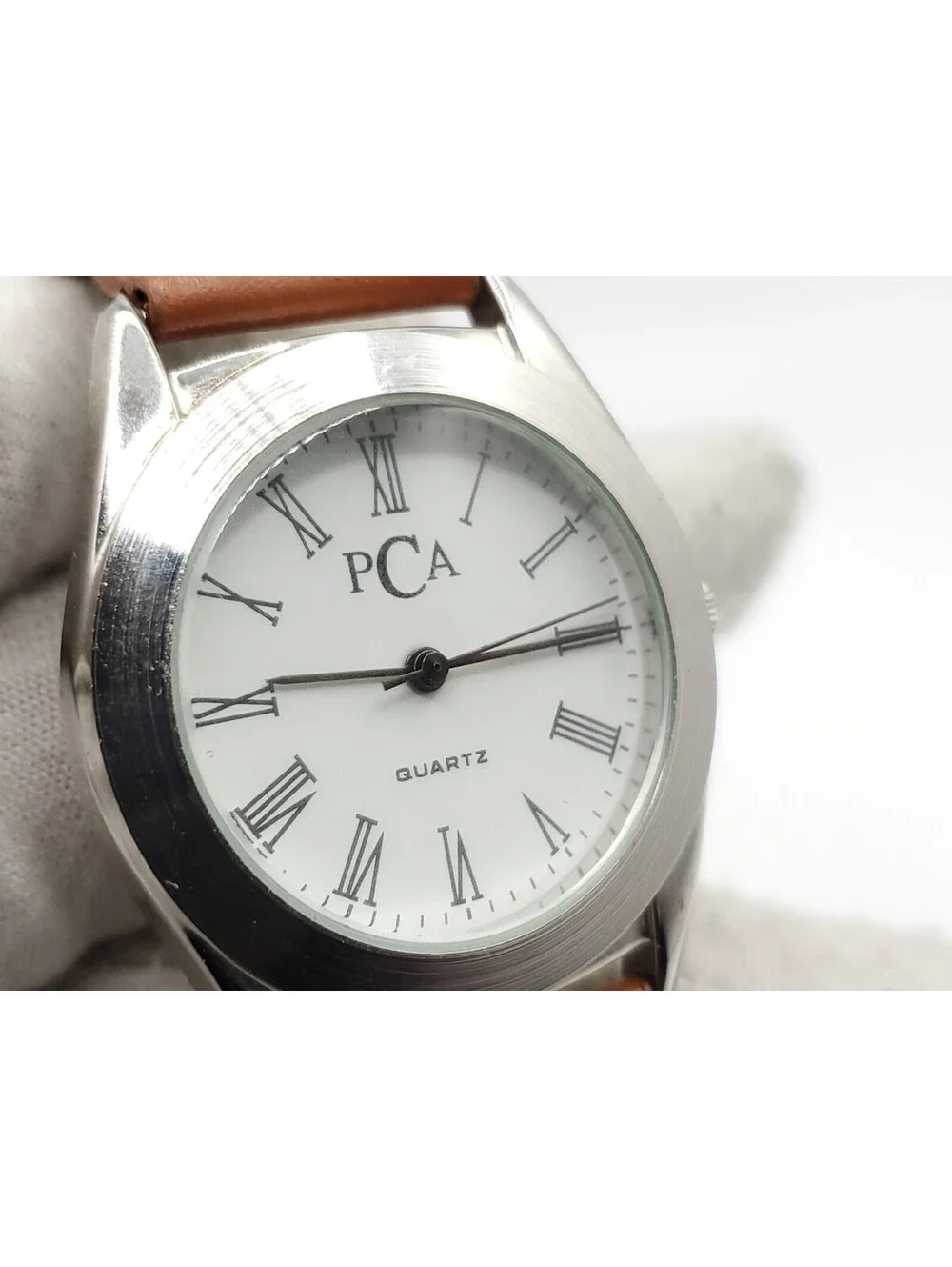 PCA Wristwatch Brown Leather Band Analog Quartz Wrist Watch New Battery 34mm
